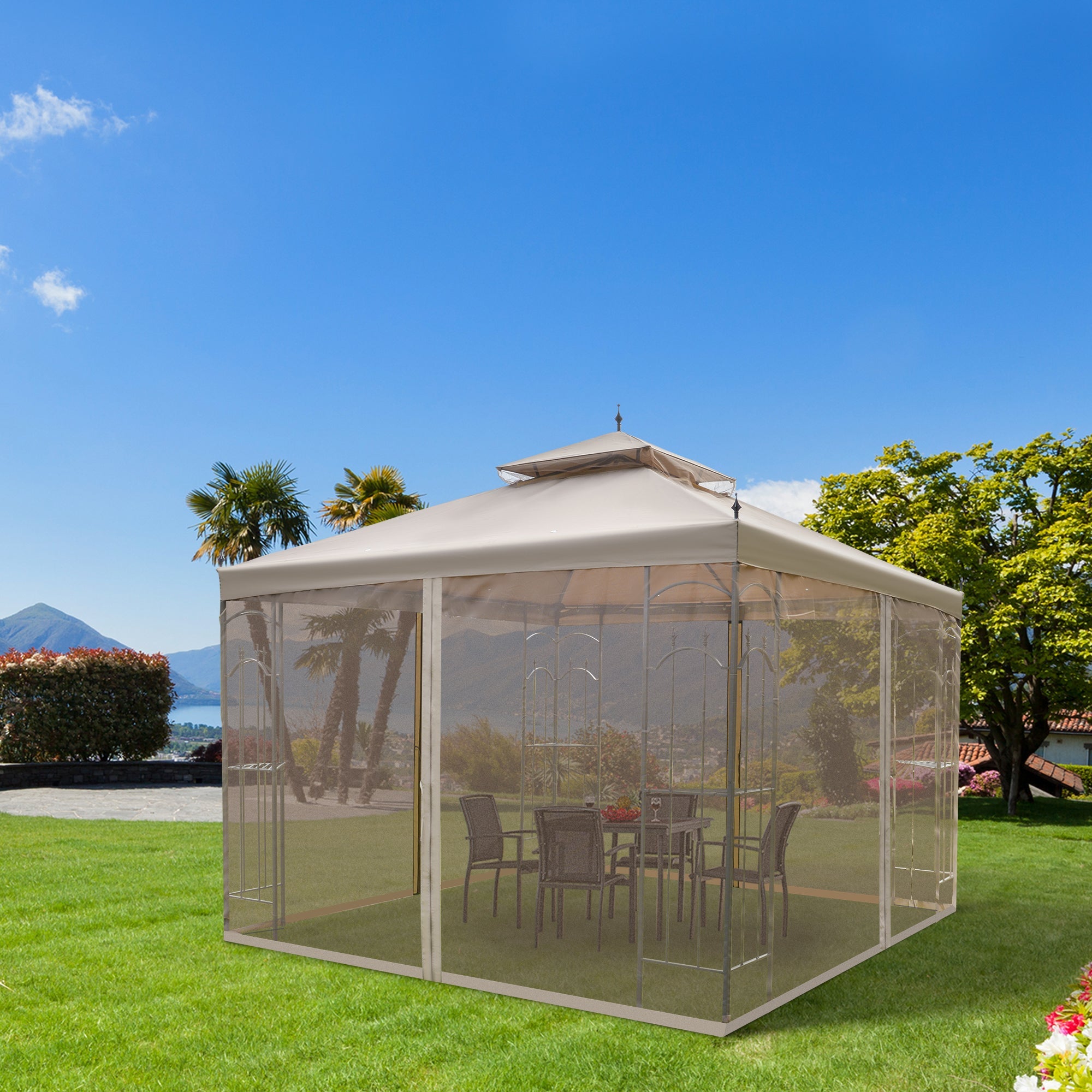 10' x 10' Steel Outdoor Patio Gazebo Canopy with Removable Mesh Curtains, Display Shelves, &; Steel Frame, Brown Gazebos   at Gallery Canada