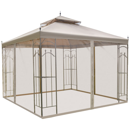 10' x 10' Steel Outdoor Patio Gazebo Canopy with Removable Mesh Curtains, Display Shelves, &; Steel Frame, Brown