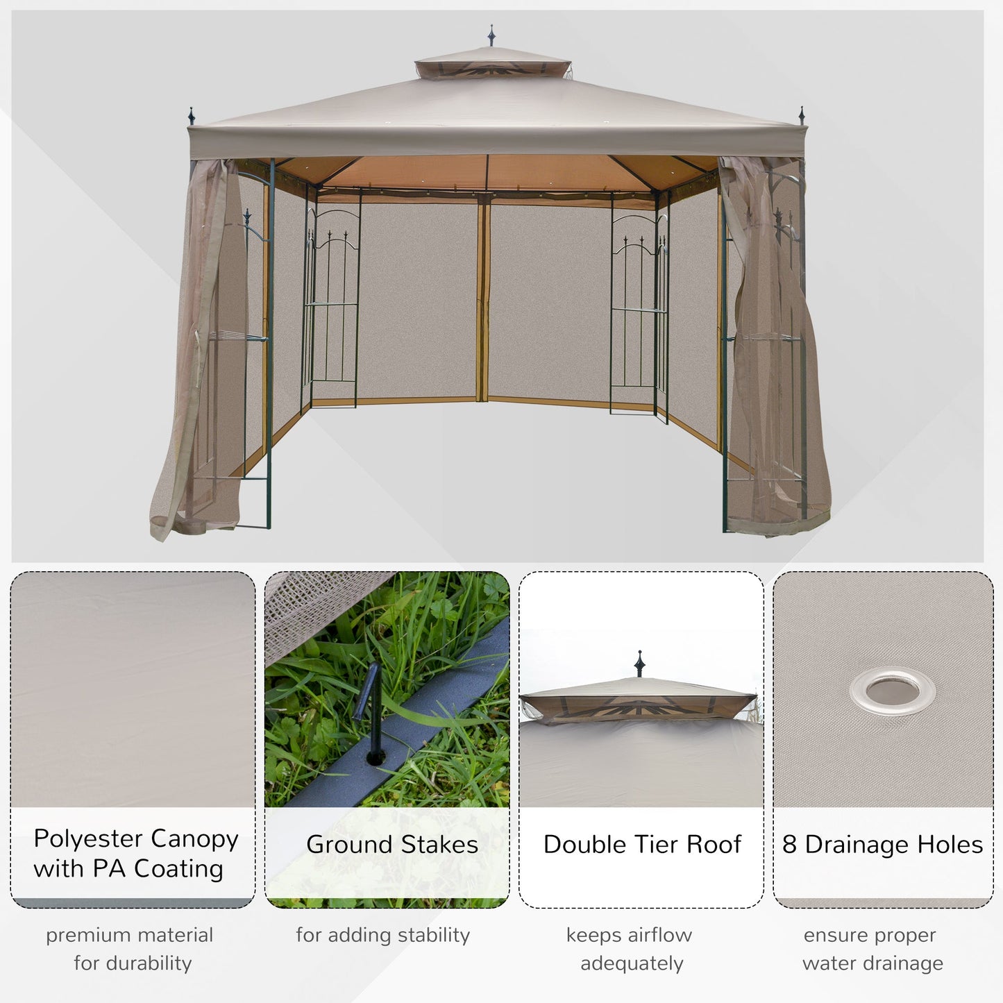 10' x 10' Steel Outdoor Patio Gazebo Canopy with Removable Mesh Curtains, Display Shelves, &; Steel Frame, Brown Gazebos   at Gallery Canada