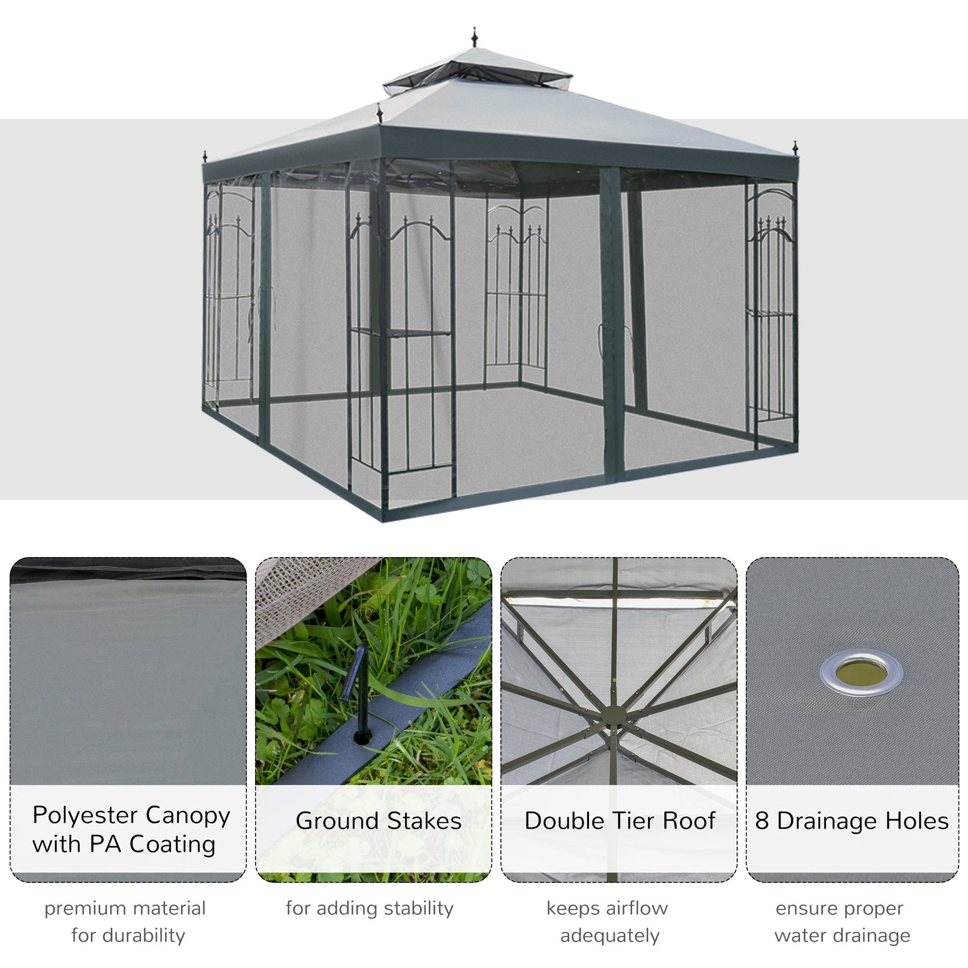10' x 10' Steel Outdoor Patio Gazebo Canopy with Removable Mesh Curtains, Display Shelves, &; Steel Frame, Grey Gazebos   at Gallery Canada