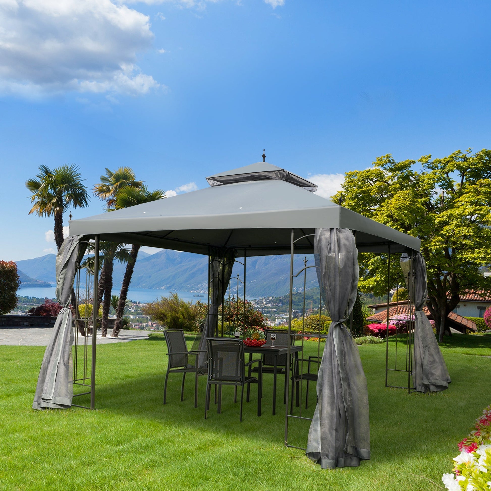 10' x 10' Steel Outdoor Patio Gazebo Canopy with Removable Mesh Curtains, Display Shelves, &; Steel Frame, Grey Gazebos   at Gallery Canada