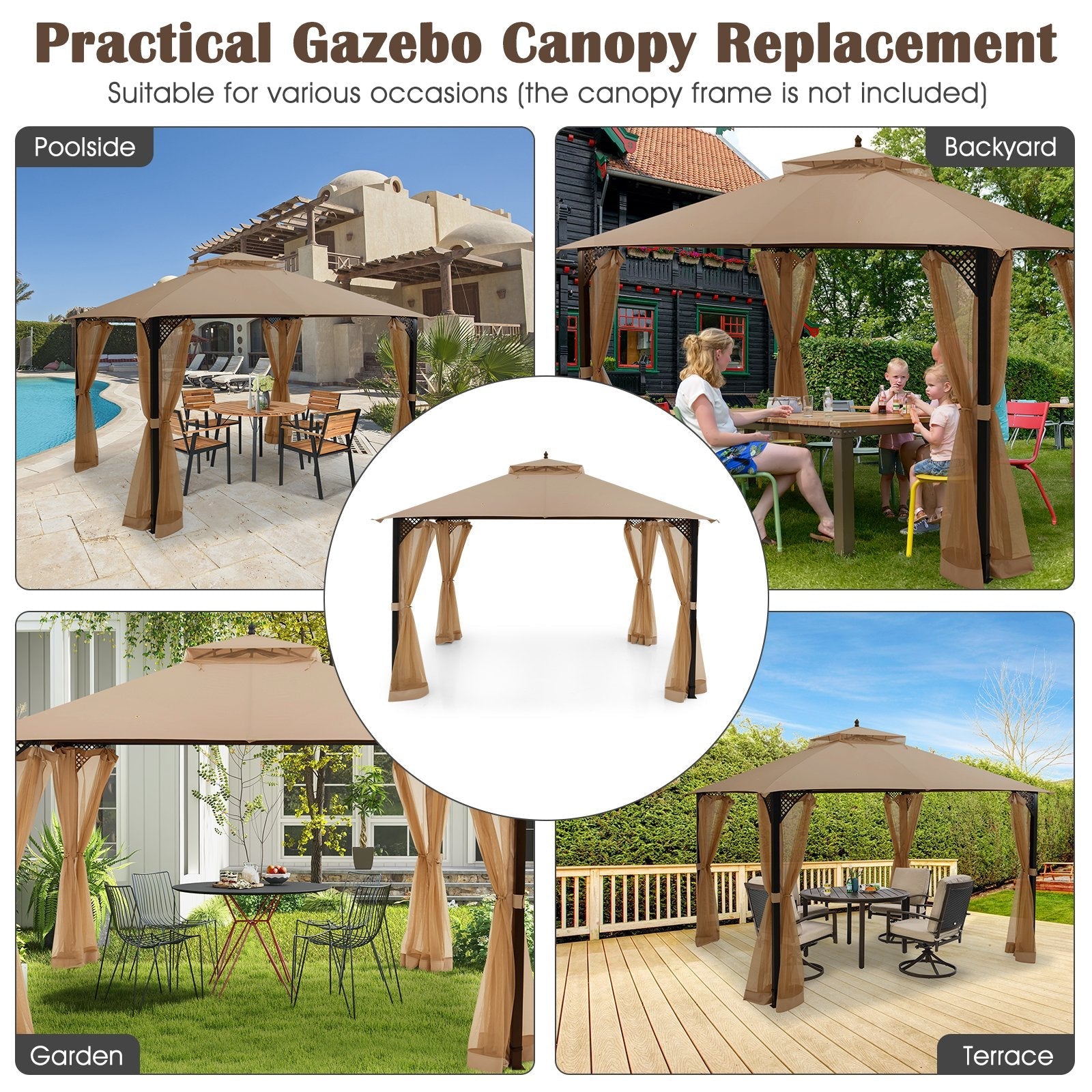 10 x 12 Feet Gazebo Replacement Top with Air Vent and Drainage Holes, Brown Gazebos   at Gallery Canada