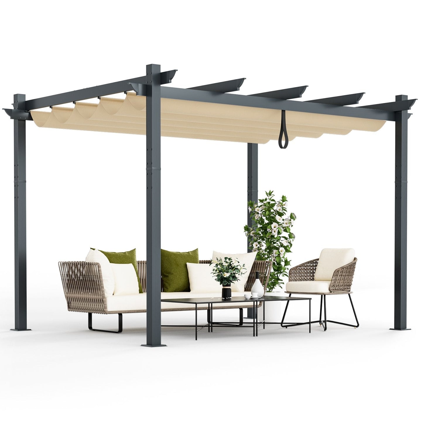 10 x 12 Feet Outdoor Aluminum Retractable Pergola Canopy Shelter Grape Trellis, Beige Gazebos   at Gallery Canada