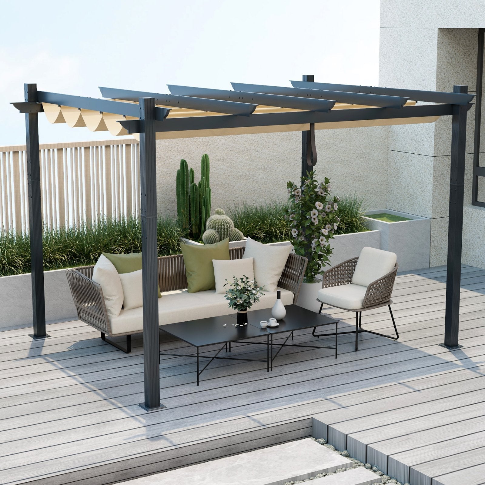 10 x 12 Feet Outdoor Aluminum Retractable Pergola Canopy Shelter Grape Trellis, Beige Gazebos   at Gallery Canada