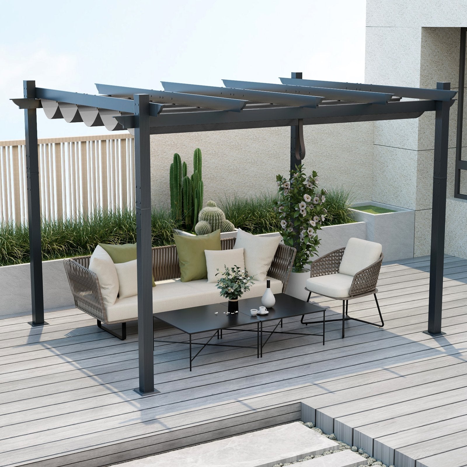 10 x 12 Feet Outdoor Aluminum Retractable Pergola Canopy Shelter Grape Trellis, Gray Gazebos   at Gallery Canada