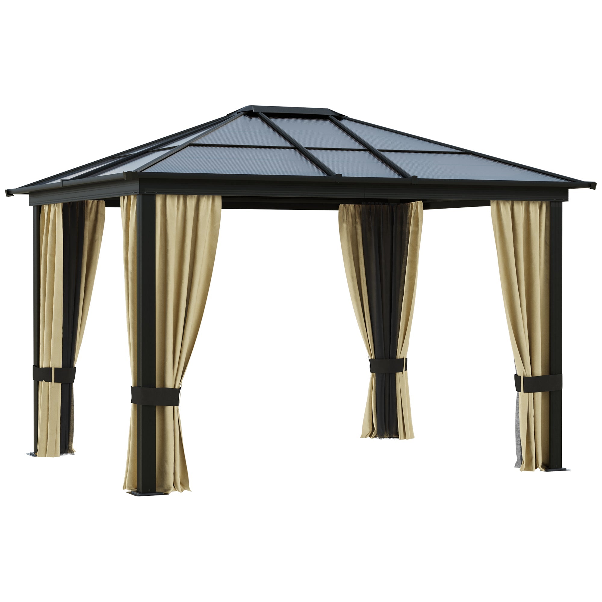 10' x 12' Hard Top Gazebo Canopy Sunshelter Waterproof Sun Shade with Sidewalls and Mosquito Netting Gazebos Beige & Brown  at Gallery Canada