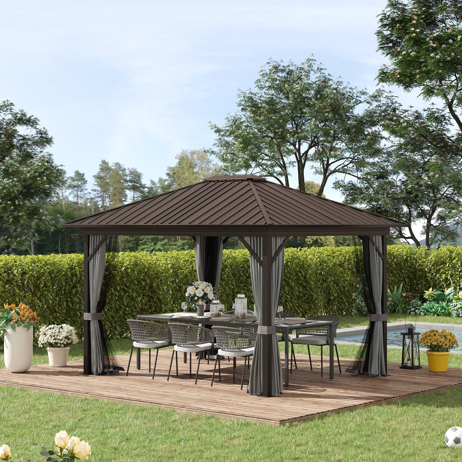 Hardtop Gazebo Canopy with Steel Roof, Aluminum Frame, Netting, Curtains, Dark Grey Gazebos   at Gallery Canada