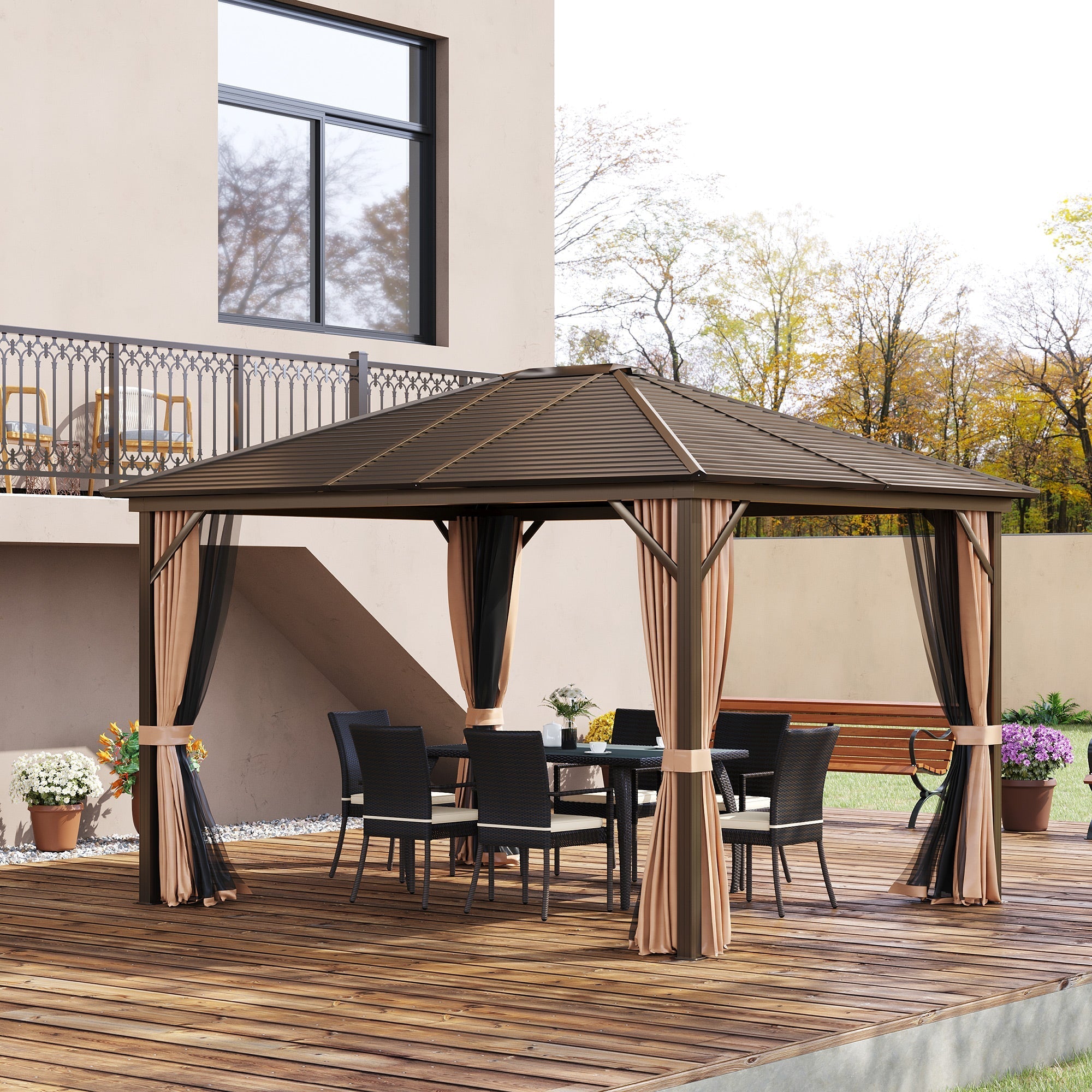 10' x 12' Hardtop Gazebo Steel Covered Gazebo Aluminum Frame Heavy Duty Outdoor Pavilion with Curtains and Netting, Brown Gazebos   at Gallery Canada