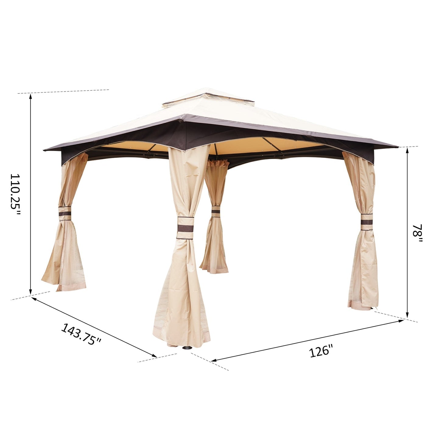 10' x 12' Soft-top Large Gazebo Canopy Tent with Double Canopy Roof Eaves, Mesh Netting Sidewalls, Steel Frame, Beige Gazebos   at Gallery Canada