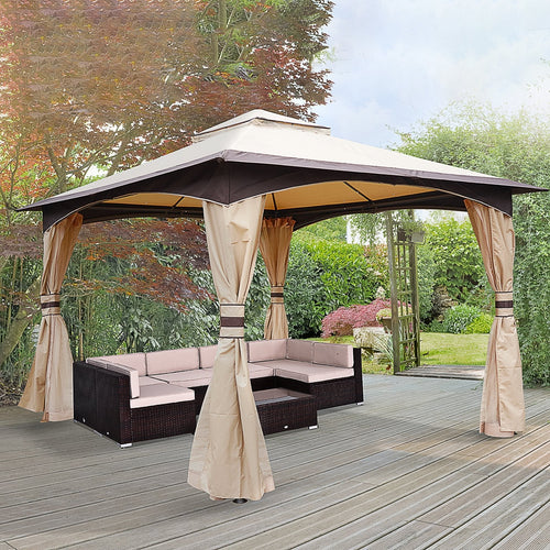 10' x 12' Soft-top Large Gazebo Canopy Tent with Double Canopy Roof Eaves, Mesh Netting Sidewalls, Steel Frame, Beige