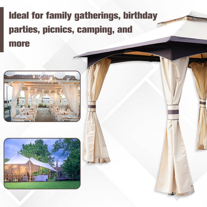10' x 12' Soft-top Large Gazebo Canopy Tent with Double Canopy Roof Eaves, Mesh Netting Sidewalls, Steel Frame, Beige Gazebos   at Gallery Canada