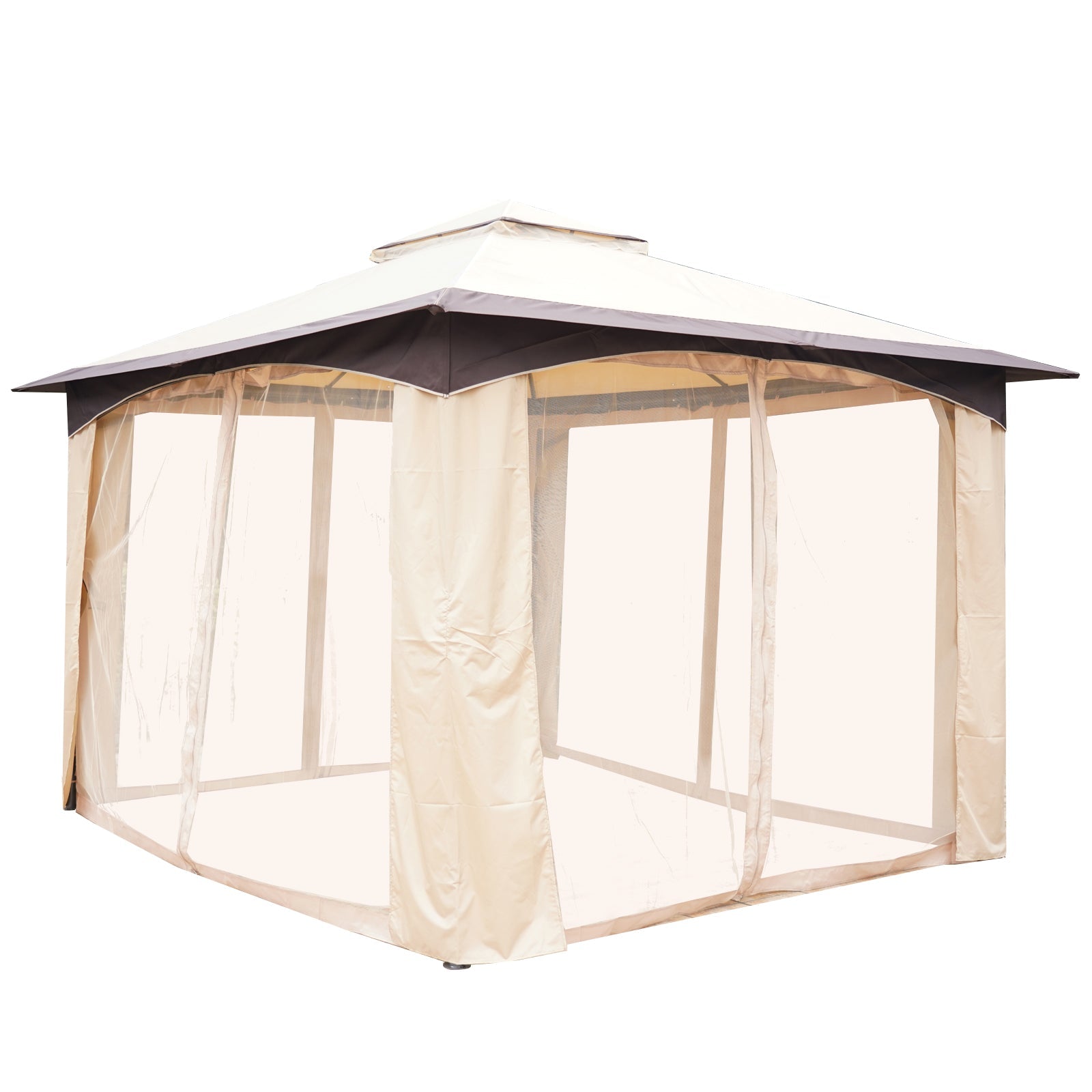 10' x 12' Soft-top Large Gazebo Canopy Tent with Double Canopy Roof Eaves, Mesh Netting Sidewalls, Steel Frame, Beige Gazebos   at Gallery Canada