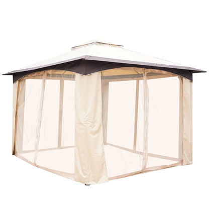 10' x 12' Soft-top Large Gazebo Canopy Tent with Double Canopy Roof Eaves, Mesh Netting Sidewalls, Steel Frame, Beige Gazebos   at Gallery Canada