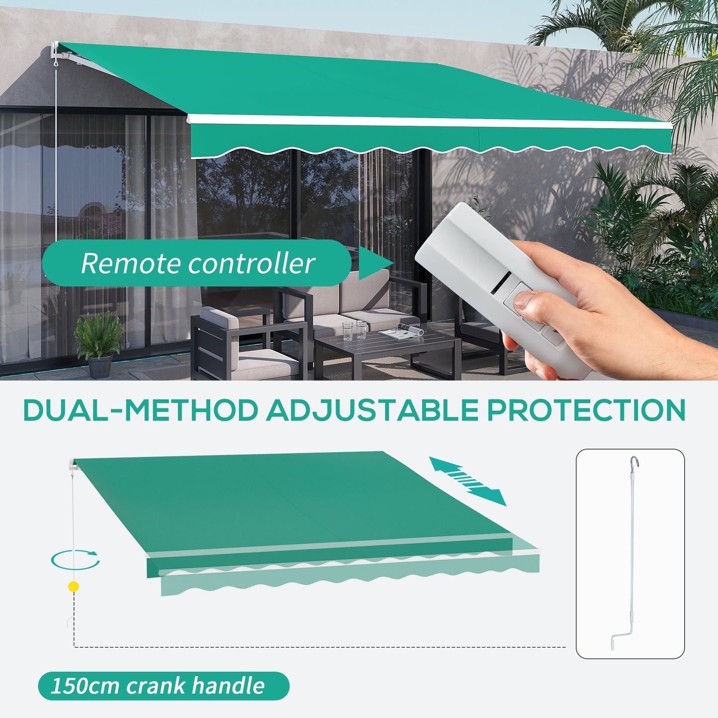 Retractable 10' x 13' Electric Awning with Remote, Manual Crank, Aluminum Frame, Green Deck Awnings   at Gallery Canada