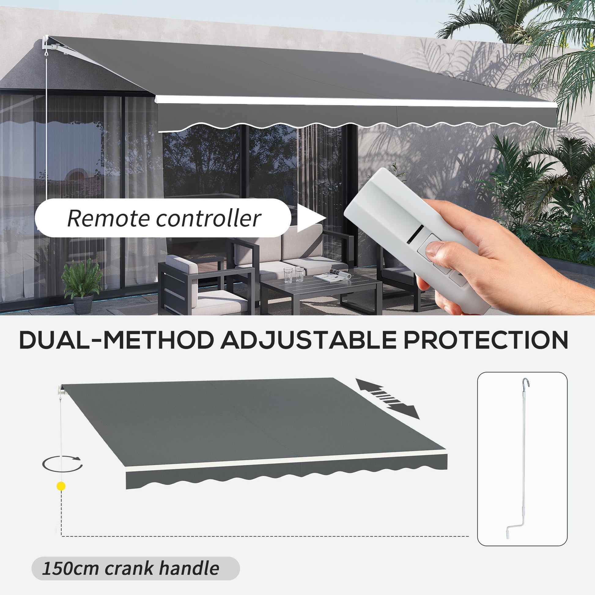 Retractable 10' x 13' Electric Awning with Remote, Manual Crank, Aluminum Frame, Grey Deck Awnings   at Gallery Canada