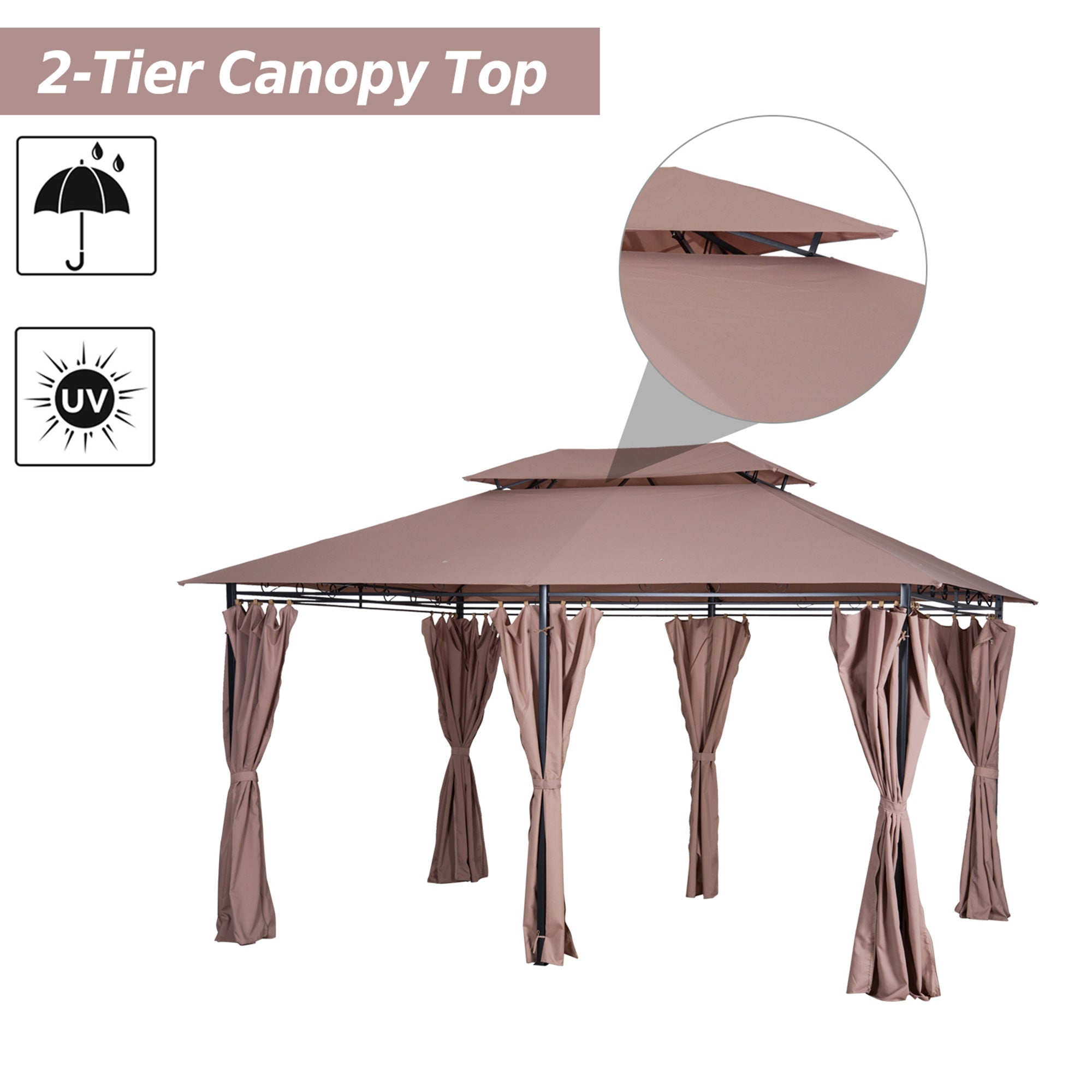 10' x 13' Patio Gazebo, Outdoor 2-Tiers Garden Canopy Yard Sunshade Shelter with Curtains, Khaki Gazebos   at Gallery Canada