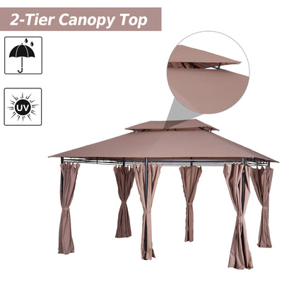 10' x 13' Patio Gazebo, Outdoor 2-Tiers Garden Canopy Yard Sunshade Shelter with Curtains, Khaki Gazebos   at Gallery Canada