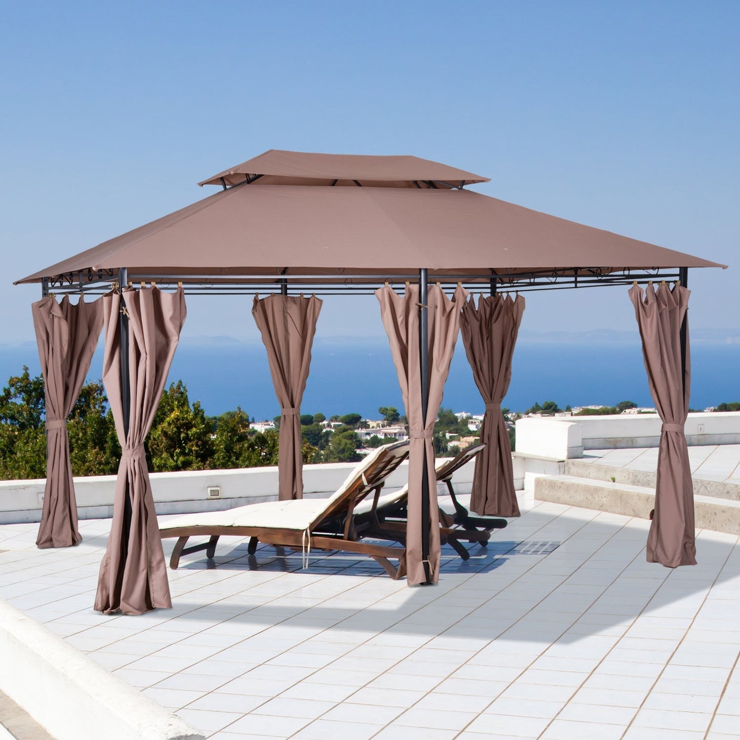 10' x 13' Patio Gazebo, Outdoor 2-Tiers Garden Canopy Yard Sunshade Shelter with Curtains, Khaki Gazebos   at Gallery Canada