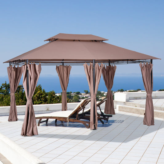 10' x 13' Patio Gazebo, Outdoor 2-Tiers Garden Canopy Yard Sunshade Shelter with Curtains, Khaki Gazebos Khaki  at Gallery Canada