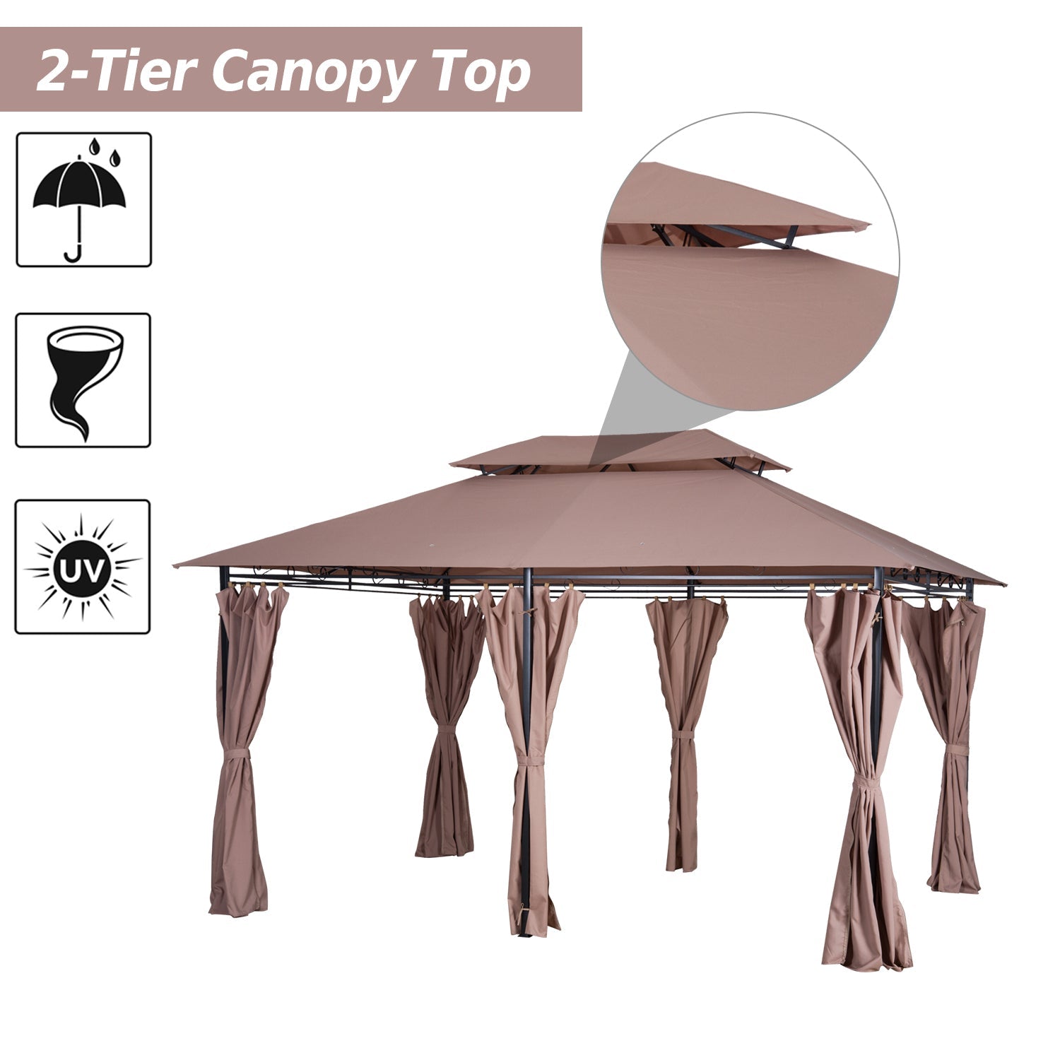 10' x 13' Patio Gazebo, Outdoor 2-Tiers Garden Canopy Yard Sunshade Shelter with Curtains, Khaki Gazebos   at Gallery Canada