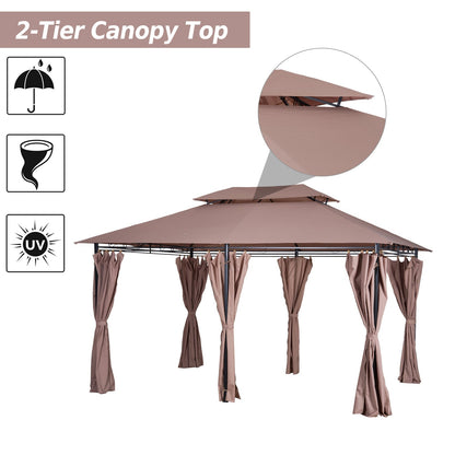 10' x 13' Patio Gazebo, Outdoor 2-Tiers Garden Canopy Yard Sunshade Shelter with Curtains, Khaki Gazebos   at Gallery Canada