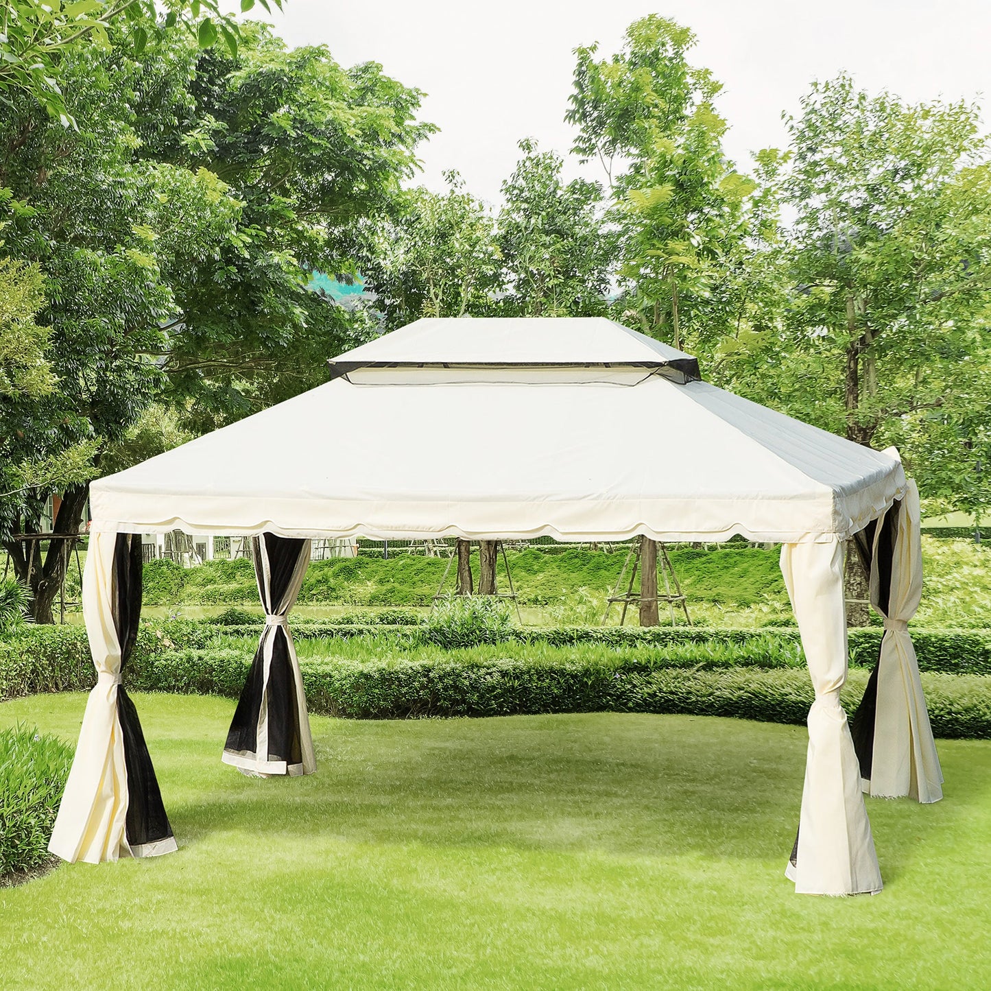 10 x 13ft Aluminum Frame Gazebo Canopy Double Tier Garden Shelter with Netting and Curtains, Cream White Gazebos   at Gallery Canada