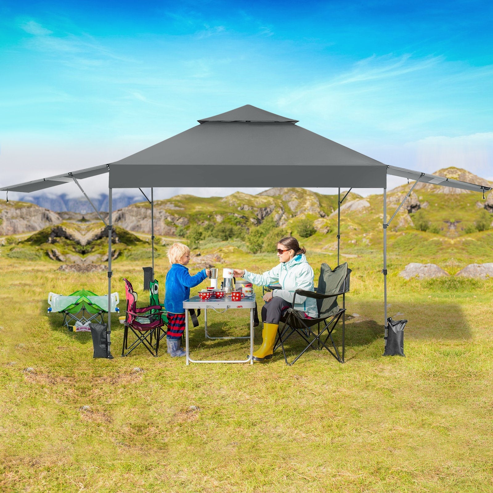 10 x 17.6 Feet Outdoor Instant Pop-up Canopy Tent with Dual Half Awnings, Gray Canopies   at Gallery Canada