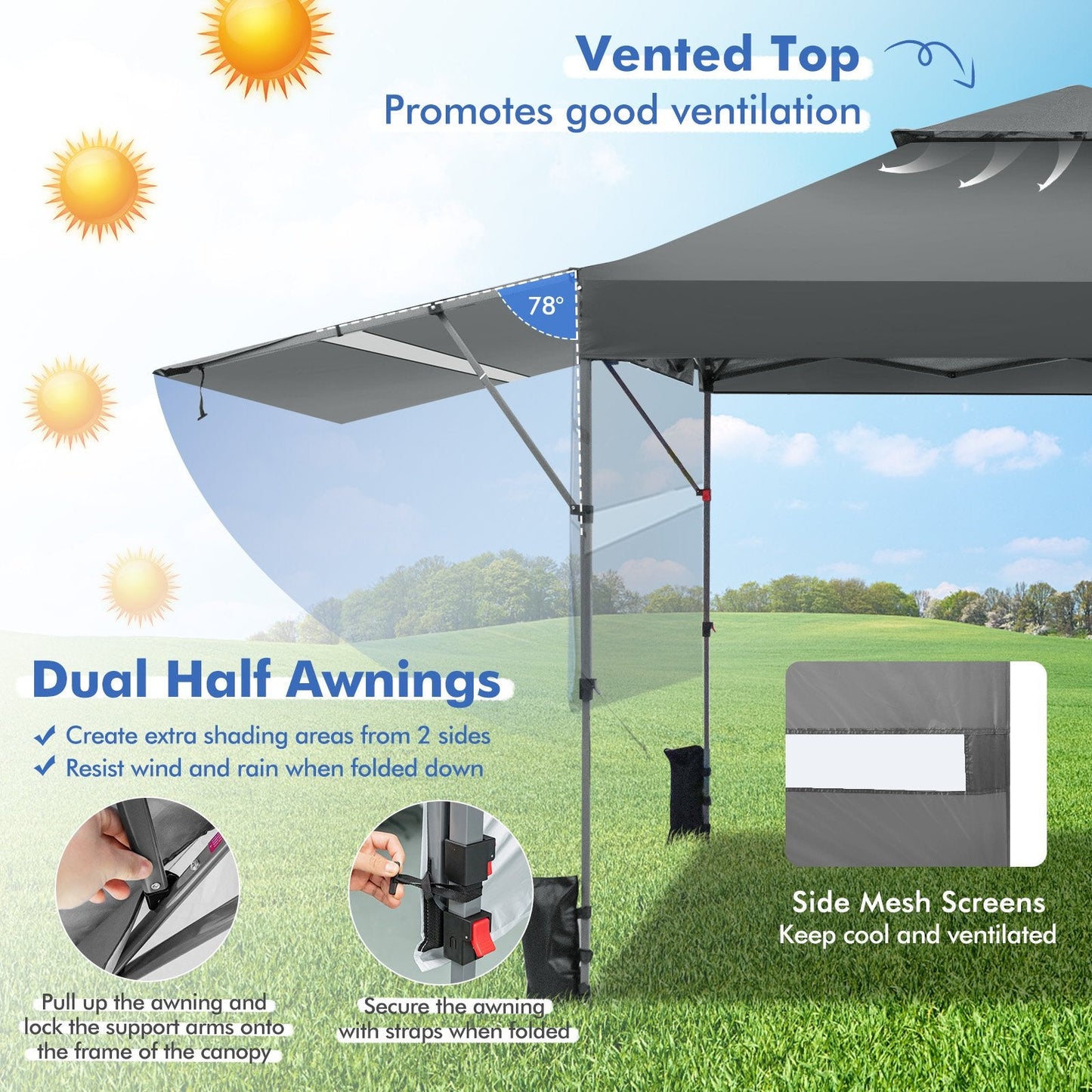 10 x 17.6 Feet Outdoor Instant Pop-up Canopy Tent with Dual Half Awnings, Gray Canopies   at Gallery Canada