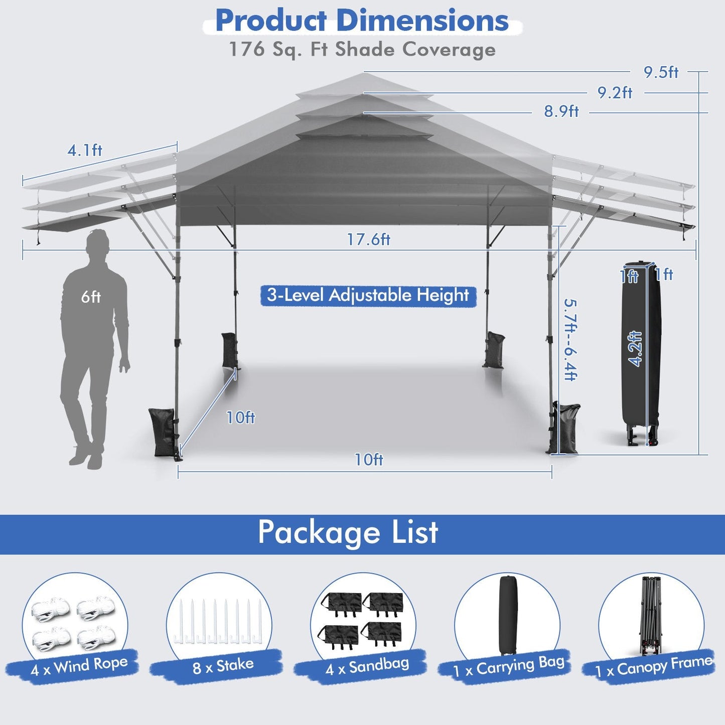 10 x 17.6 Feet Outdoor Instant Pop-up Canopy Tent with Dual Half Awnings, Gray Canopies   at Gallery Canada