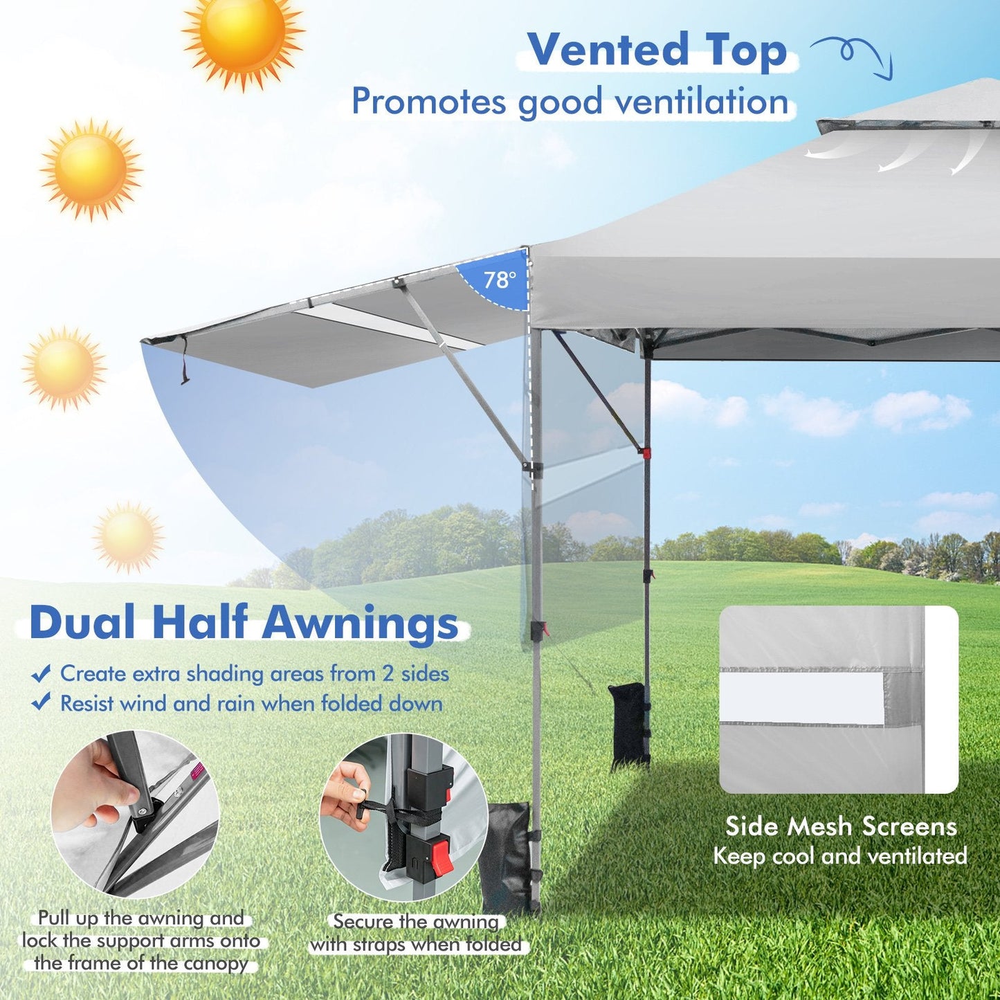 10 x 17.6 Feet Outdoor Instant Pop-up Canopy Tent with Dual Half Awnings, White Canopies   at Gallery Canada