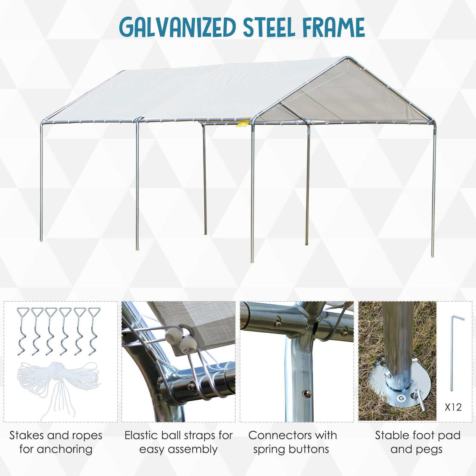 10' x 20' Carport Heavy Duty Galvanized Car Canopy with Included Anchor Kit, 3 Reinforced Steel Cables, White Car Shelters   at Gallery Canada