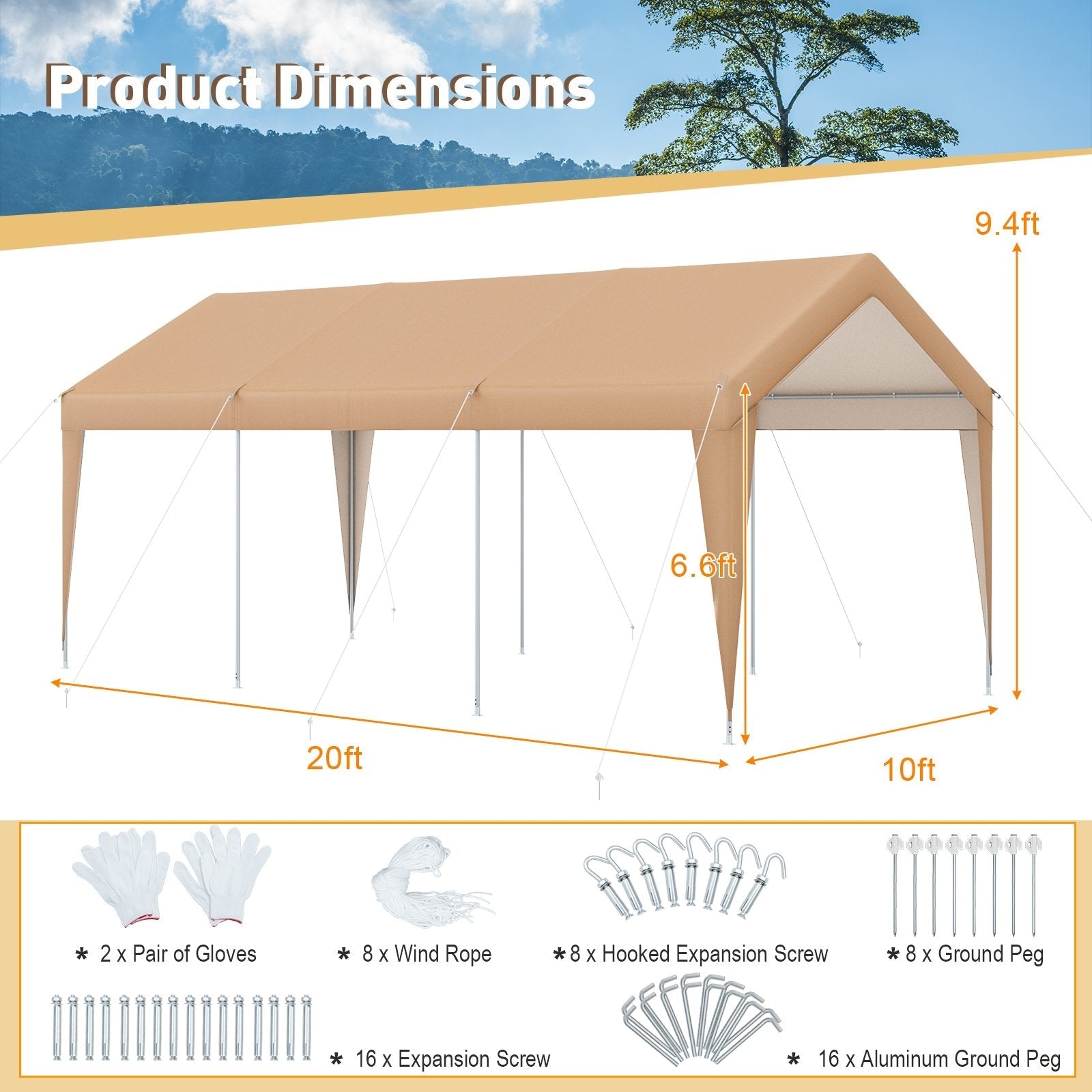 10 x 20 Feet Patio Heavy Duty  All-Weather Carport-without Sidewall, Yellow Gazebos   at Gallery Canada