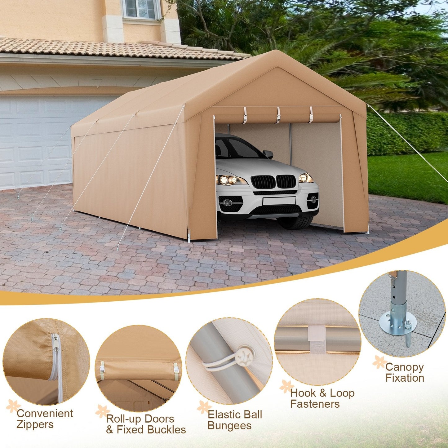 10 x 20 Feet Portable Garage Tent Carport with Galvanized Steel Frame-with Sidewall, Yellow Gazebos   at Gallery Canada