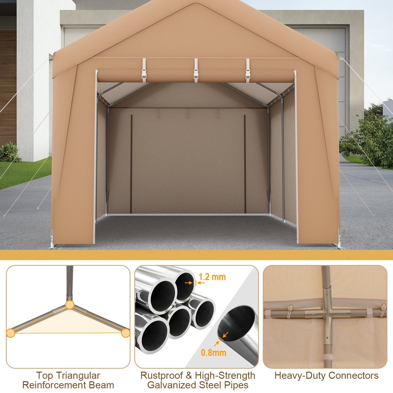 10 x 20 Feet Portable Garage Tent Carport with Galvanized Steel Frame-with Sidewall, Yellow Gazebos   at Gallery Canada