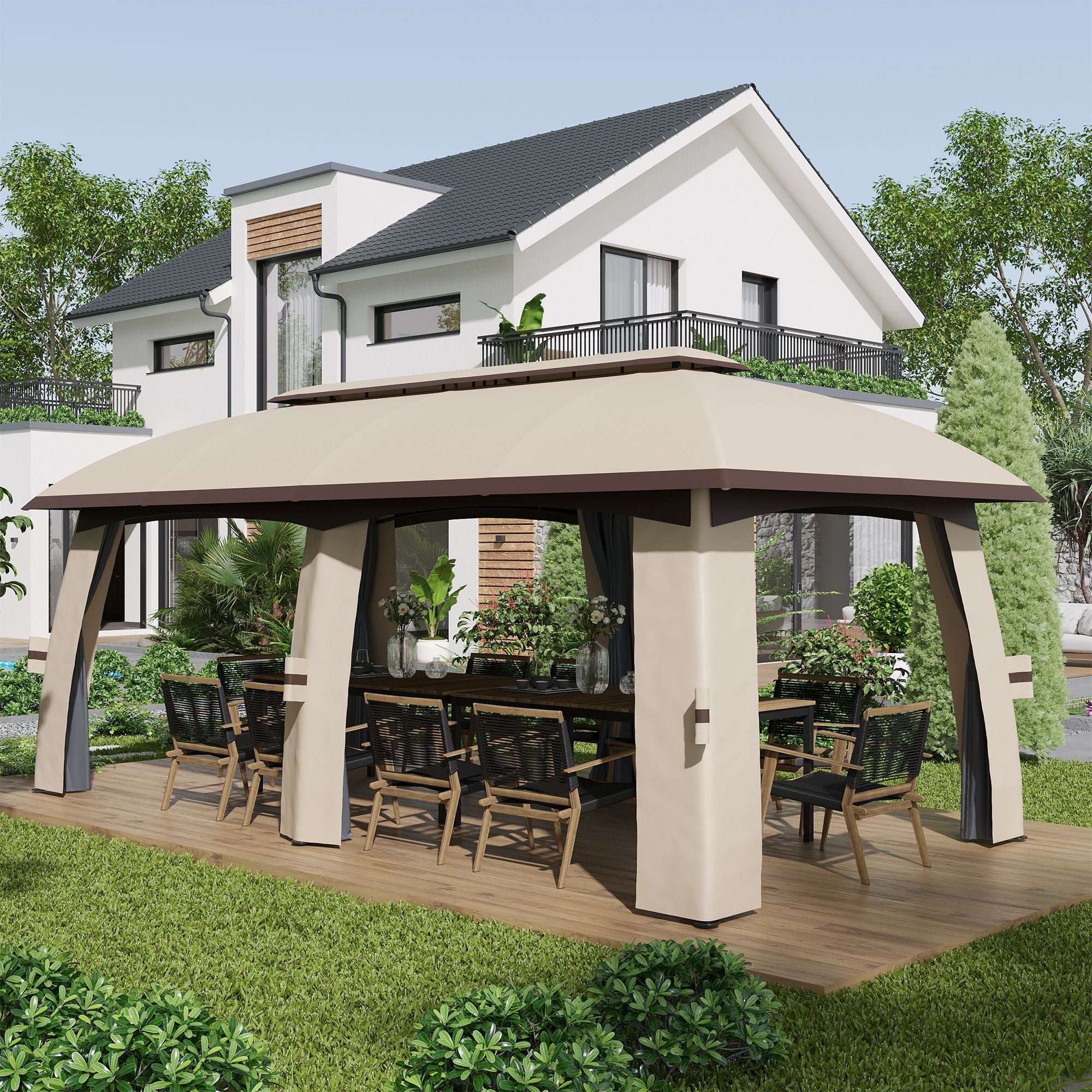 10' x 20' Patio Gazebo, Outdoor Gazebo Canopy Shelter with Netting, Vented Roof for Garden Beige Gazebos   at Gallery Canada