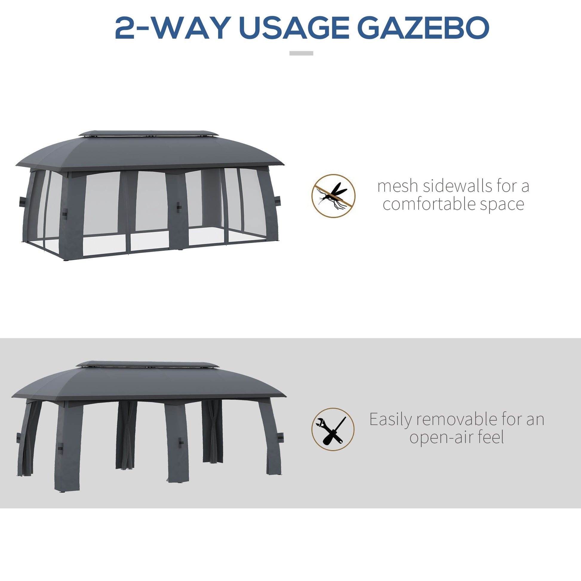 10' x 20' Patio Gazebo, Outdoor Gazebo Canopy Shelter with Netting, Vented Roof for Garden Dark Grey Gazebos   at Gallery Canada