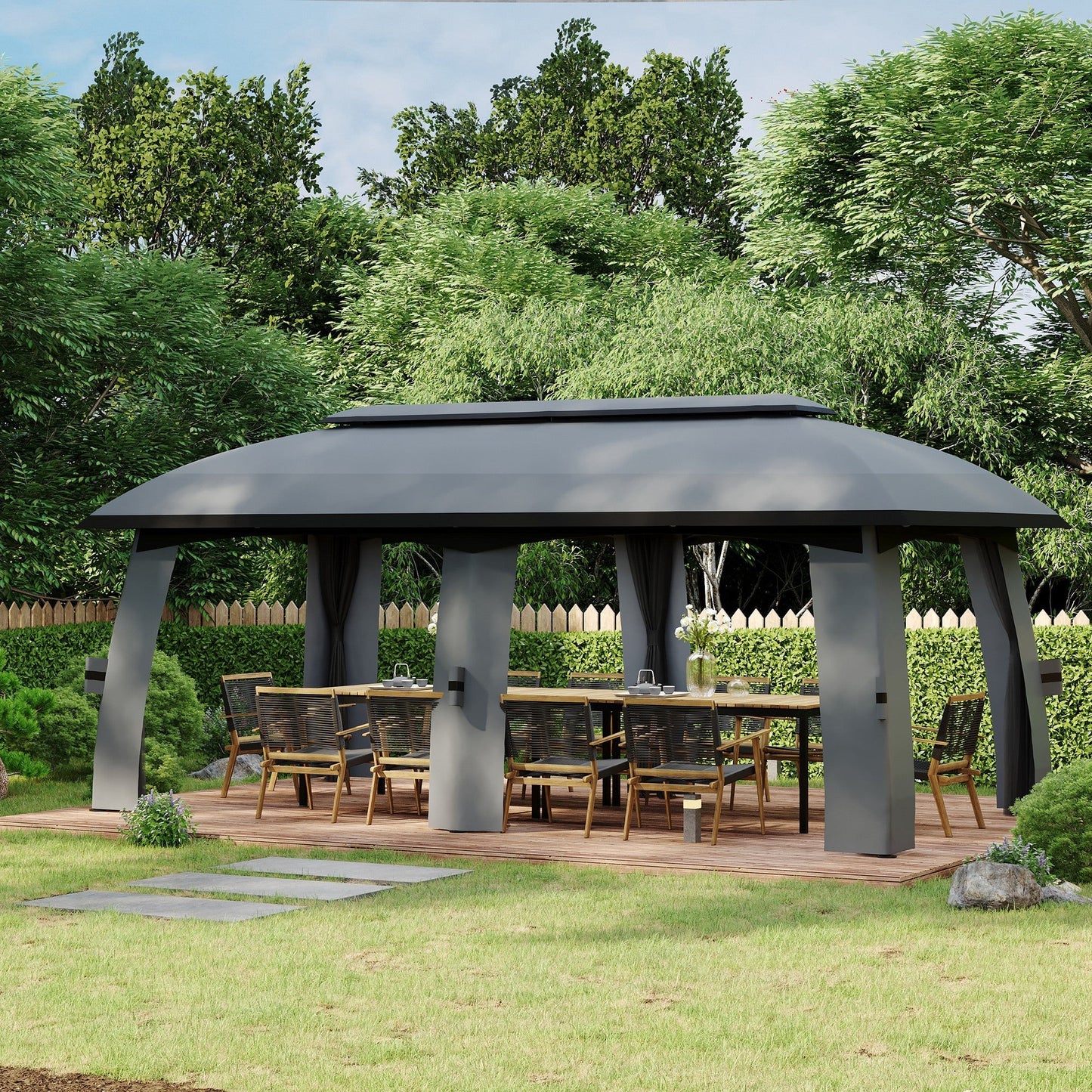 10' x 20' Patio Gazebo, Outdoor Gazebo Canopy Shelter with Netting, Vented Roof for Garden Dark Grey Gazebos   at Gallery Canada