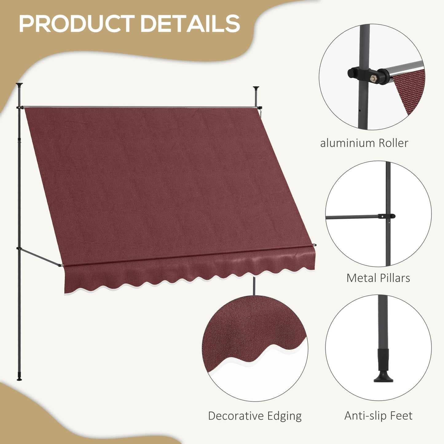 10' x 4' Manual Retractable Awning, Non-Screw Freestanding Patio Awning, UV Resistant, for Window or Door, Wine Red Patio Awnings   at Gallery Canada