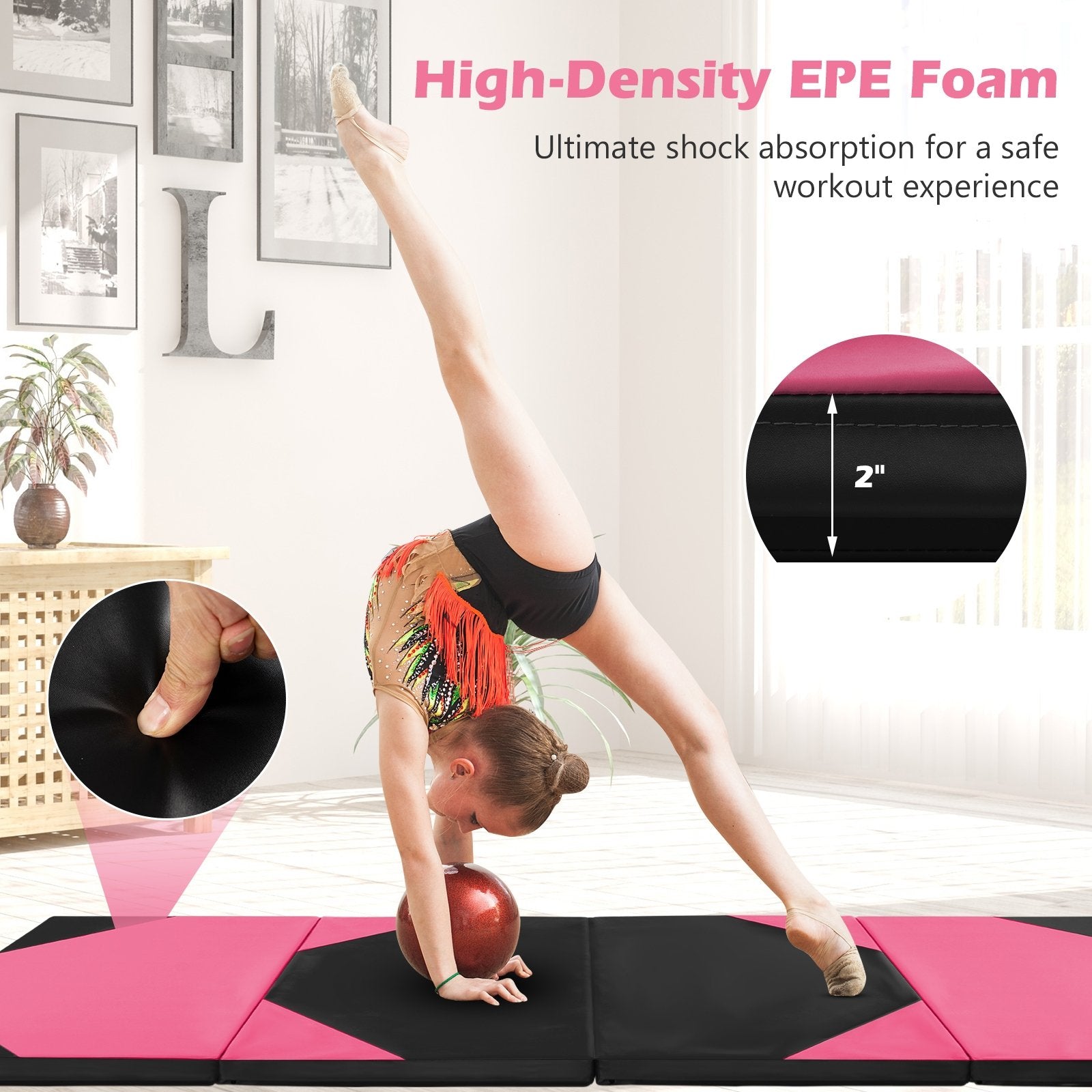 10' x 4' x 2" Folding Exercise Mat with Hook and Loop Fasteners, Black & Pink Yoga & Gym Mats   at Gallery Canada