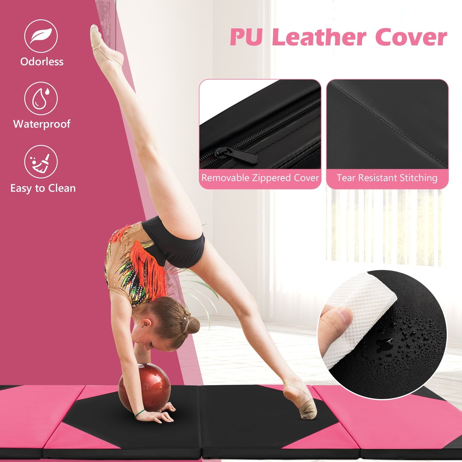 10' x 4' x 2" Folding Exercise Mat with Hook and Loop Fasteners, Black & Pink Yoga & Gym Mats   at Gallery Canada