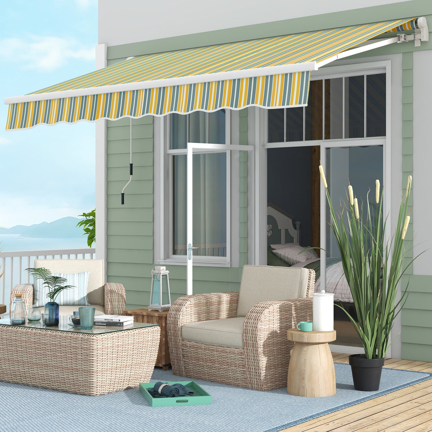 10' x 6.5' Manual Retractable Awning with LED Lights, Aluminum Frame Sun Canopies for Patio Door Window, Yellow/Grey Door Awnings   at Gallery Canada