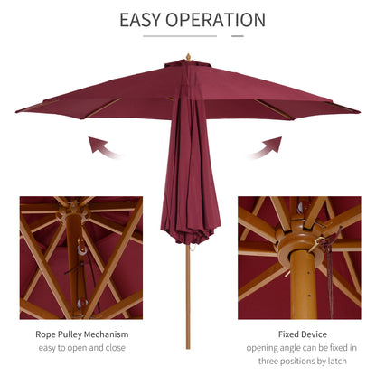 10' x 8' Bamboo Wooden Round Market Patio Sun Umbrella Garden Parasol Outdoor Sunshade Canopy, Wine Red Sun Umbrellas   at Gallery Canada