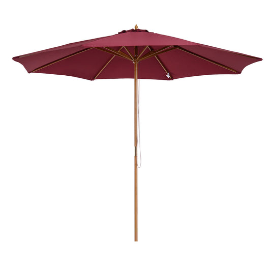 10' x 8' Bamboo Wooden Round Market Patio Sun Umbrella Garden Parasol Outdoor Sunshade Canopy, Wine Red - Gallery Canada