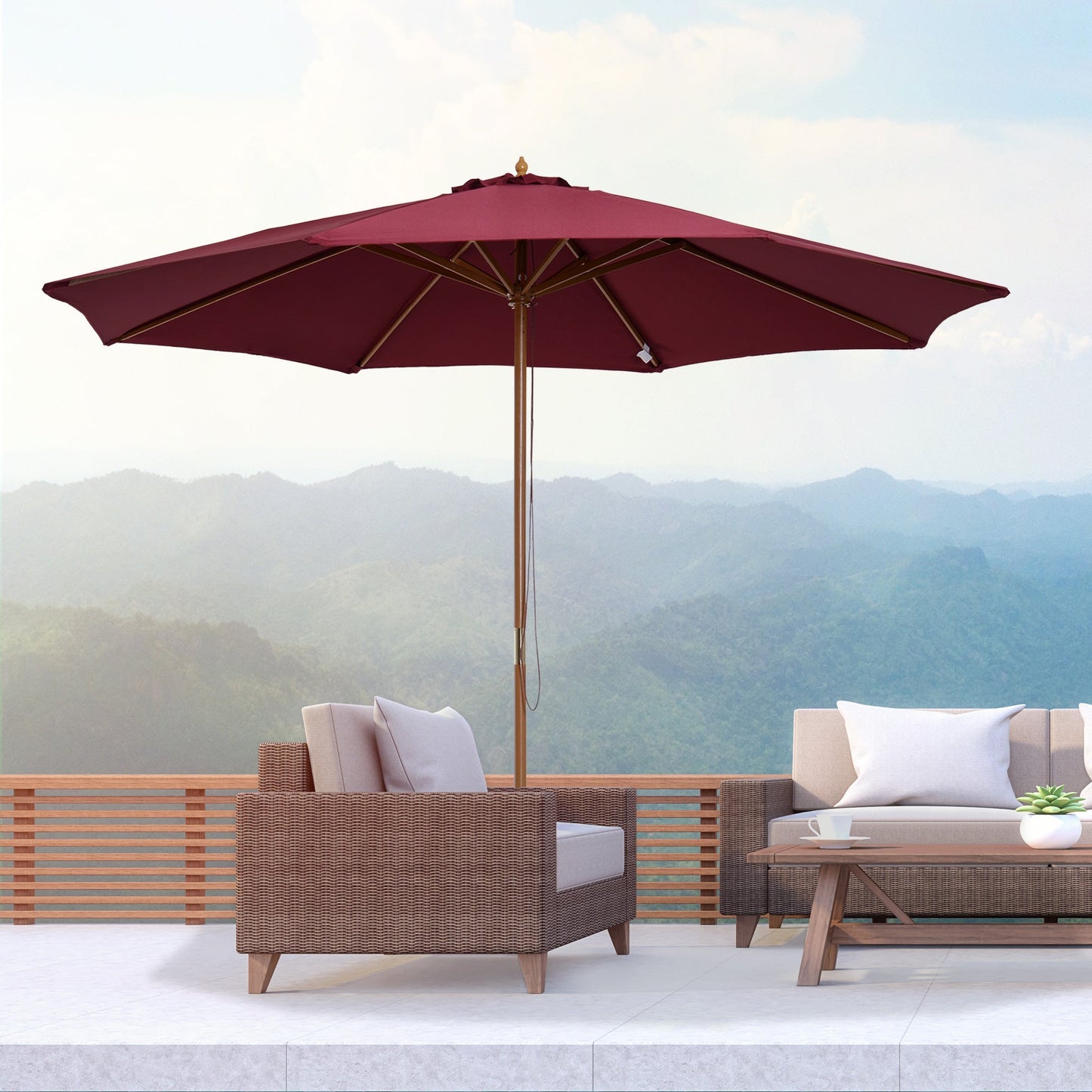 10' x 8' Bamboo Wooden Round Market Patio Sun Umbrella Garden Parasol Outdoor Sunshade Canopy, Wine Red Sun Umbrellas   at Gallery Canada