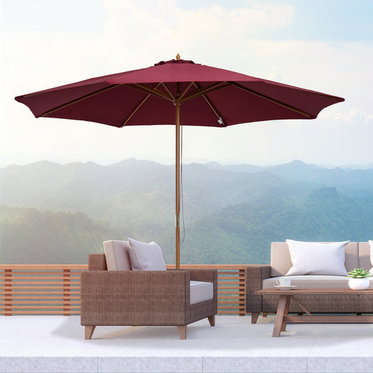 10' x 8' Bamboo Wooden Round Market Patio Sun Umbrella Garden Parasol Outdoor Sunshade Canopy, Wine Red Sun Umbrellas Multi Colour  at Gallery Canada