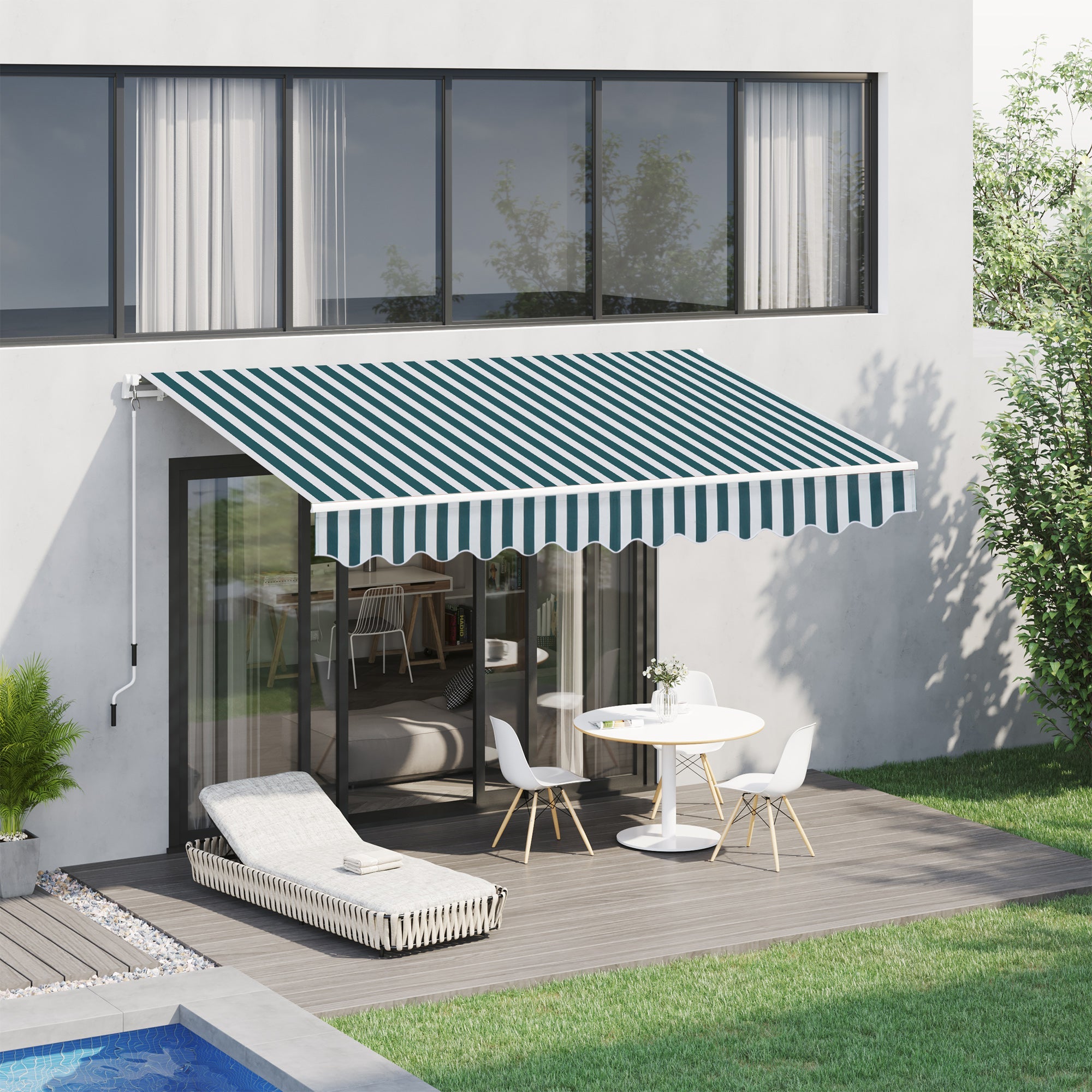 10' x 8' Manual Retractable Awning, Sun Shade Shelter Canopy, with Aluminum Frame and UV Protection for Patio Deck Yard Window Door, Green Stripe Deck Awnings   at Gallery Canada