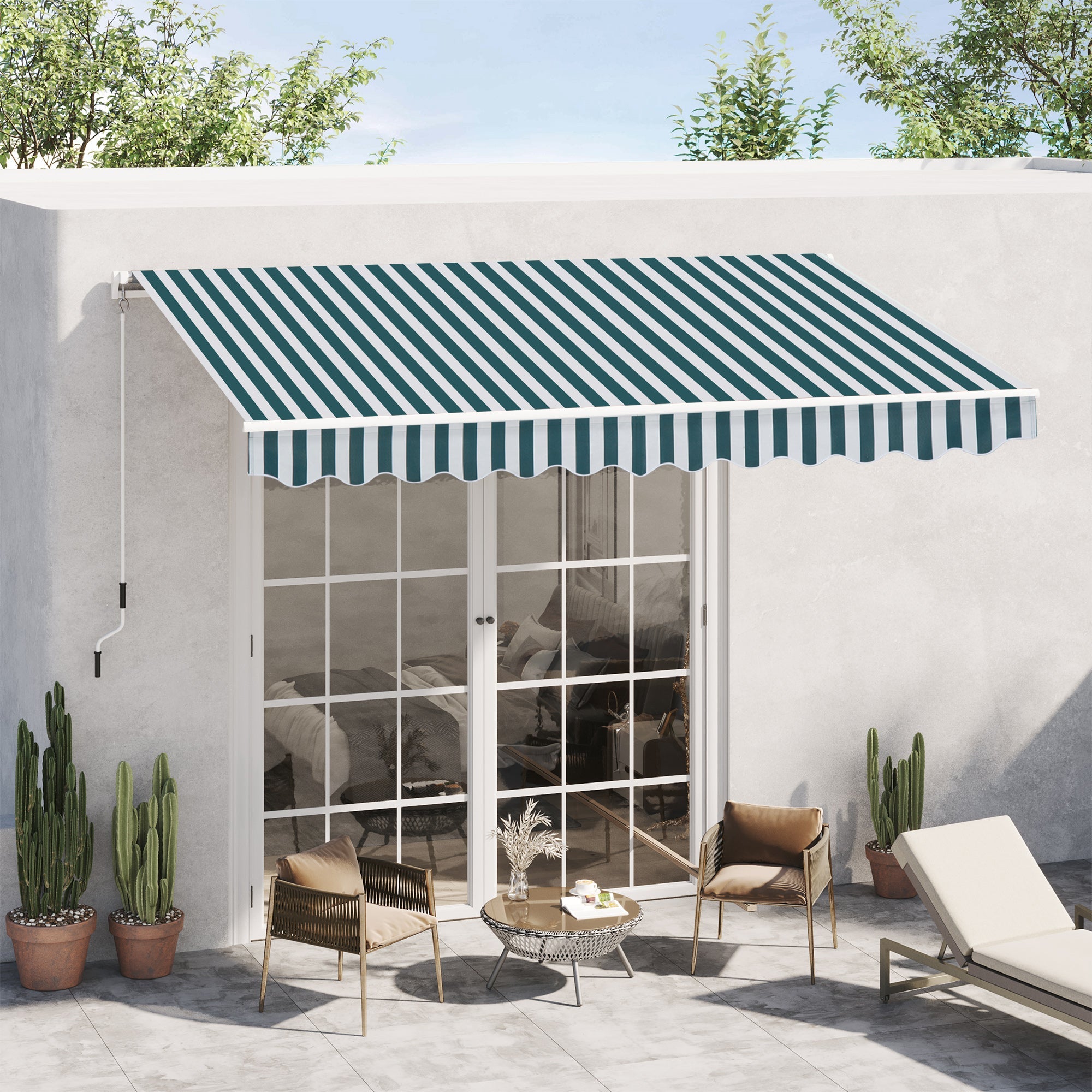 10' x 8' Manual Retractable Awning, Sun Shade Shelter Canopy, with Aluminum Frame and UV Protection for Patio Deck Yard Window Door, Green Stripe Deck Awnings   at Gallery Canada