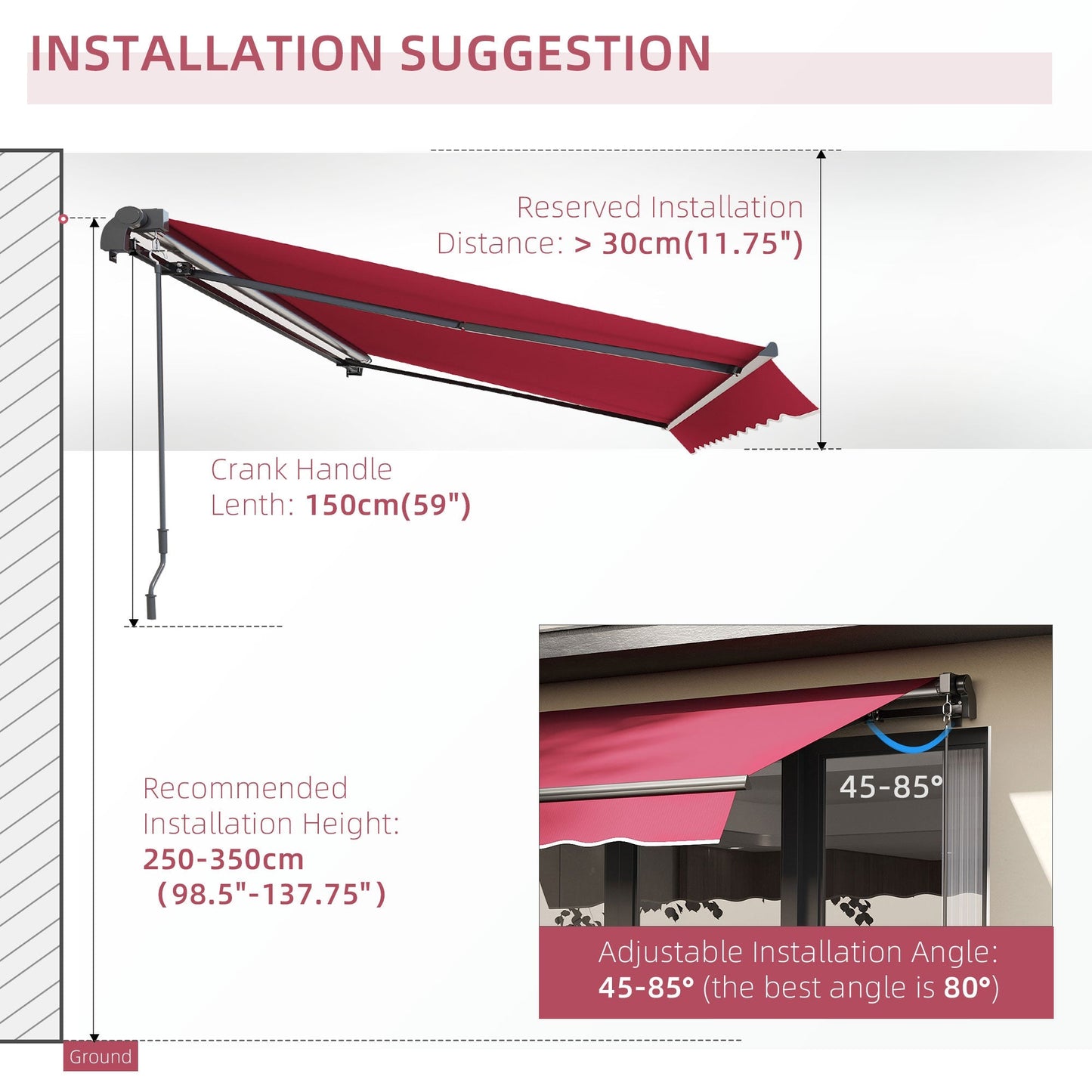 10' x 8' Manual Retractable Awning, Sun Shade Shelter Canopy, with Aluminum Frame and UV Protection for Patio Deck Yard Window Door, Red Deck Awnings   at Gallery Canada