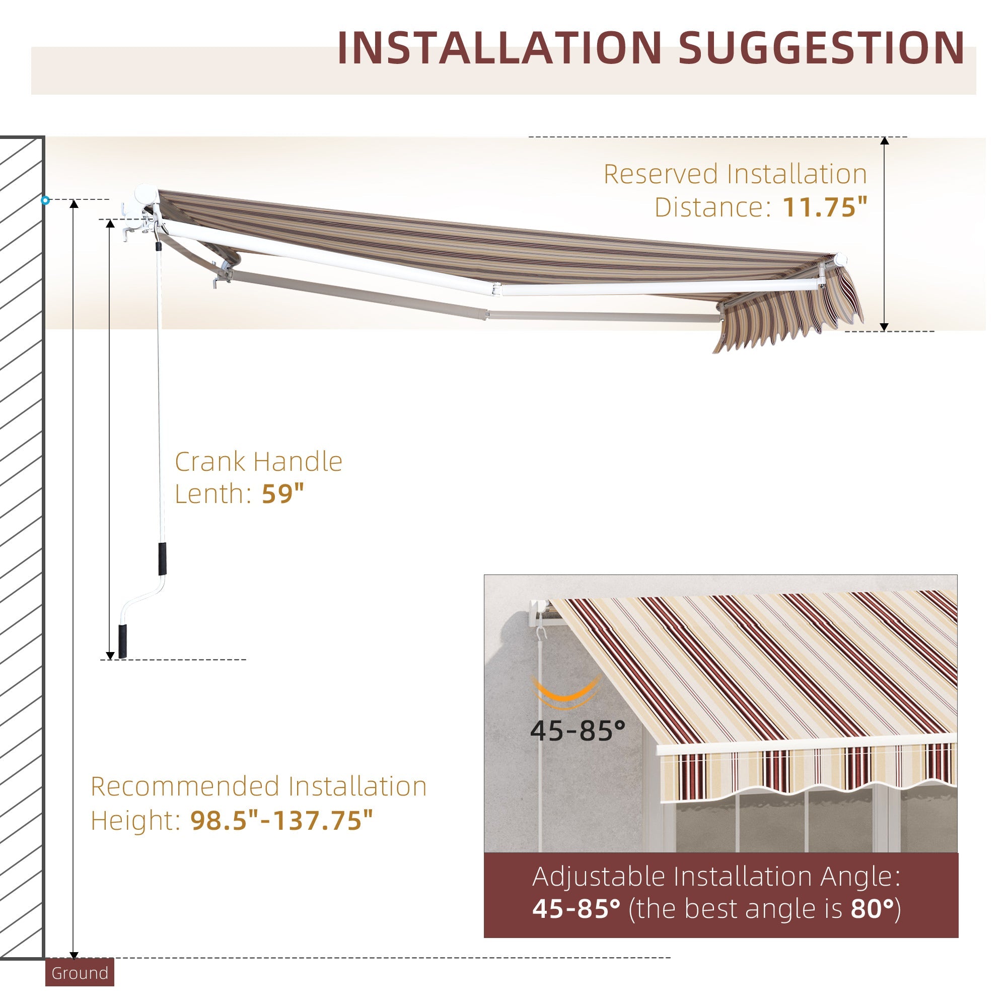 10' x 8' Manual Retractable Awning, Sun Shade Shelter Canopy, with Aluminum Frame and UV Protection for Patio Deck Yard Window Door, Red Stripe Deck Awnings   at Gallery Canada