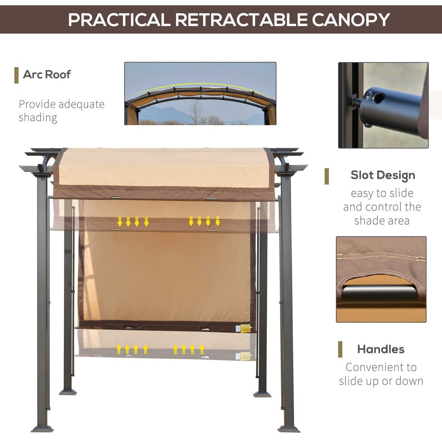 10' x 8' Outdoor Retractable Canopy Pergola Steel Frame Patio Pergola Shelter Sun Shade with Arc Roof, Beige Pergolas   at Gallery Canada